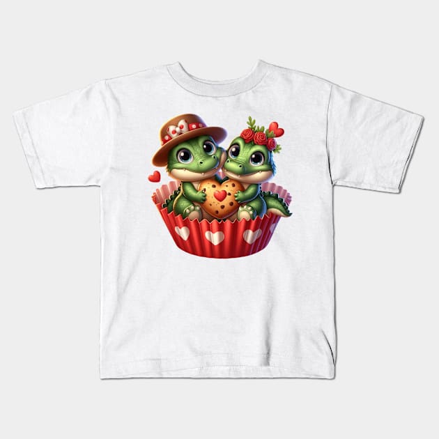 Valentine Alligator Couple In A Cupcake Kids T-Shirt by Chromatic Fusion Studio